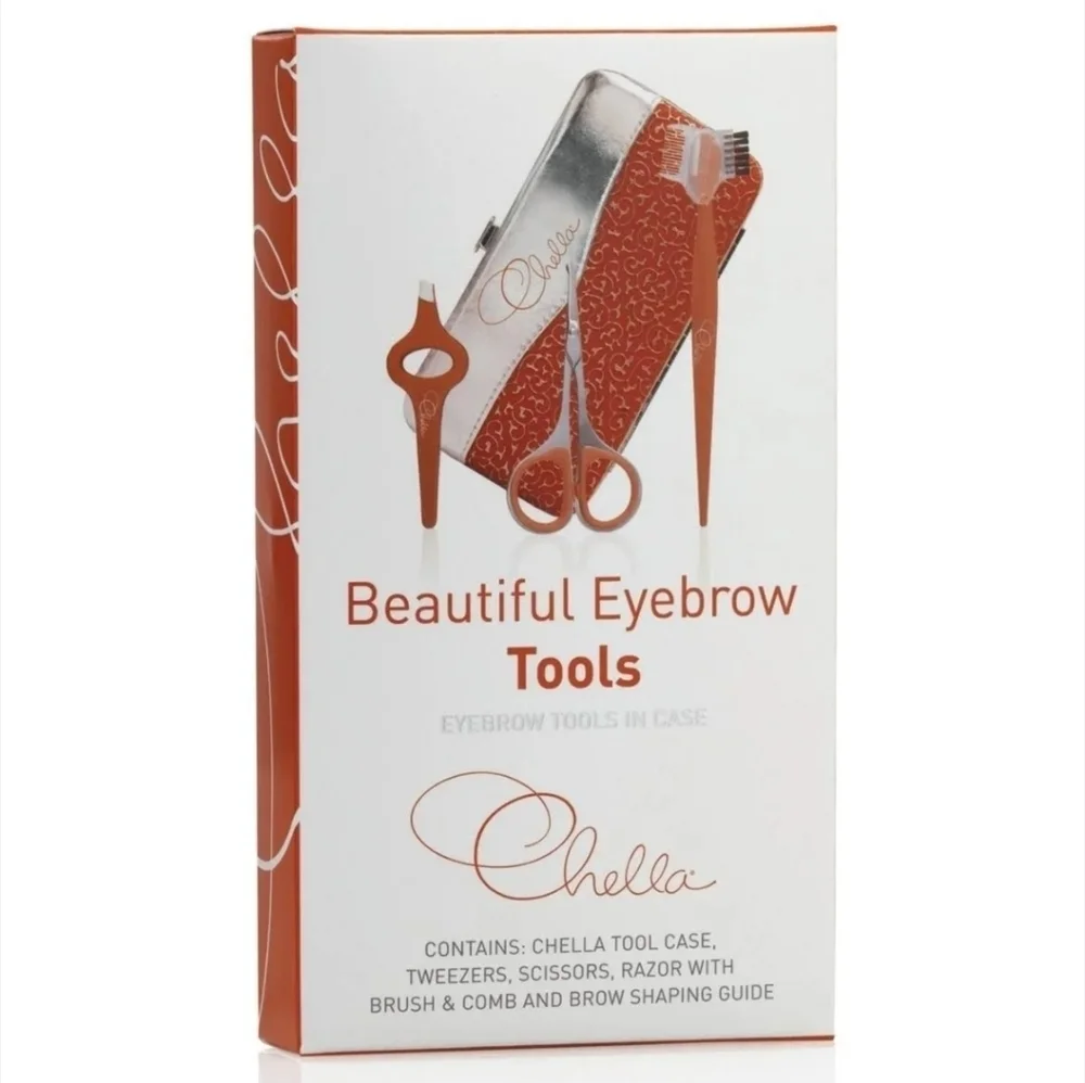 Chella Beautiful Eyebrow Tools In Case Tweezers Scissors Razors W/ Brush & Comb